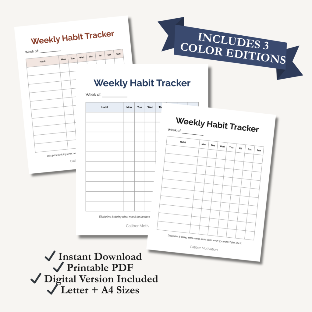 printable weekly habit tracker planner with 3 color versions