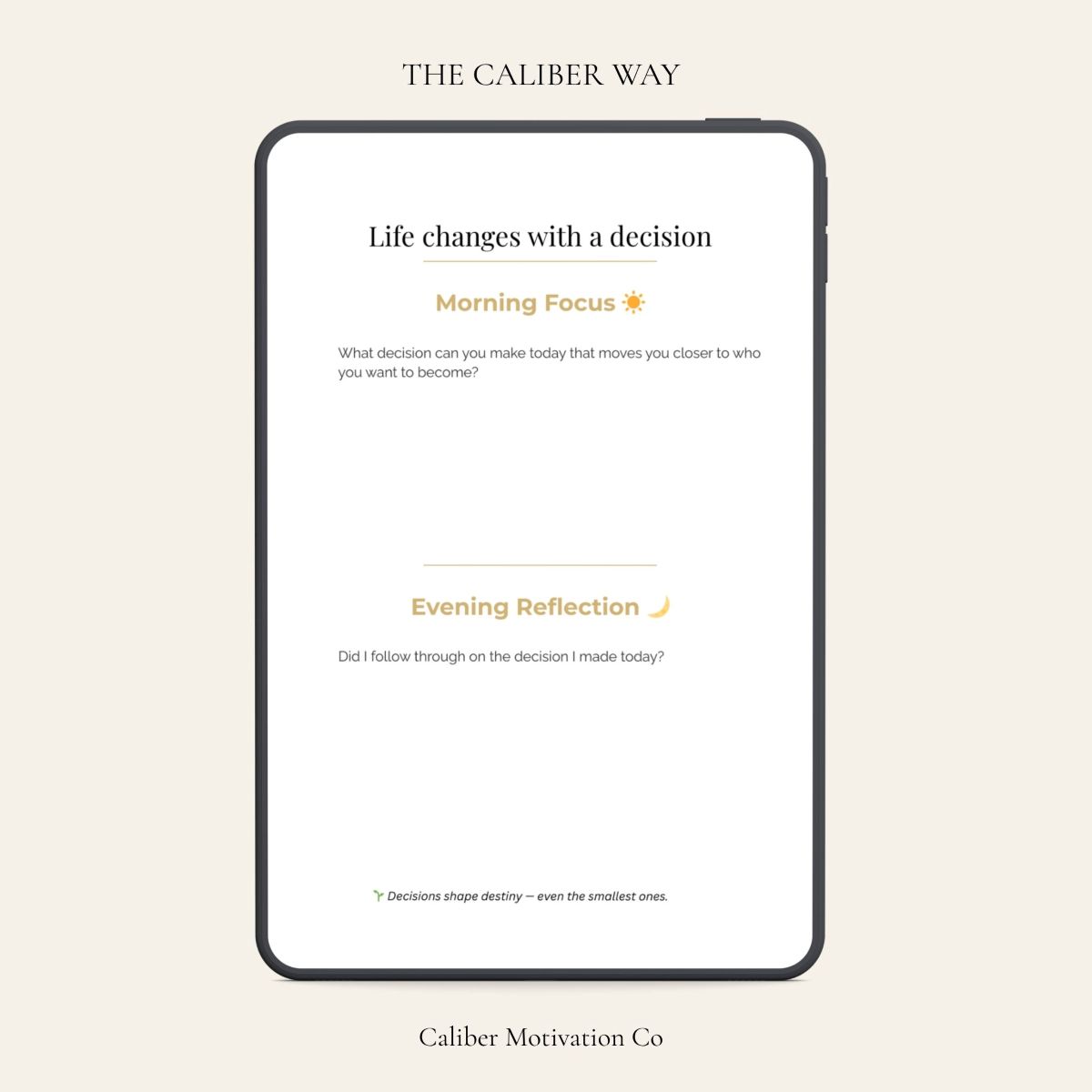 Becoming 90-Day Digital Journal mockup showing the Morning Focus and Evening Reflection interactive page.