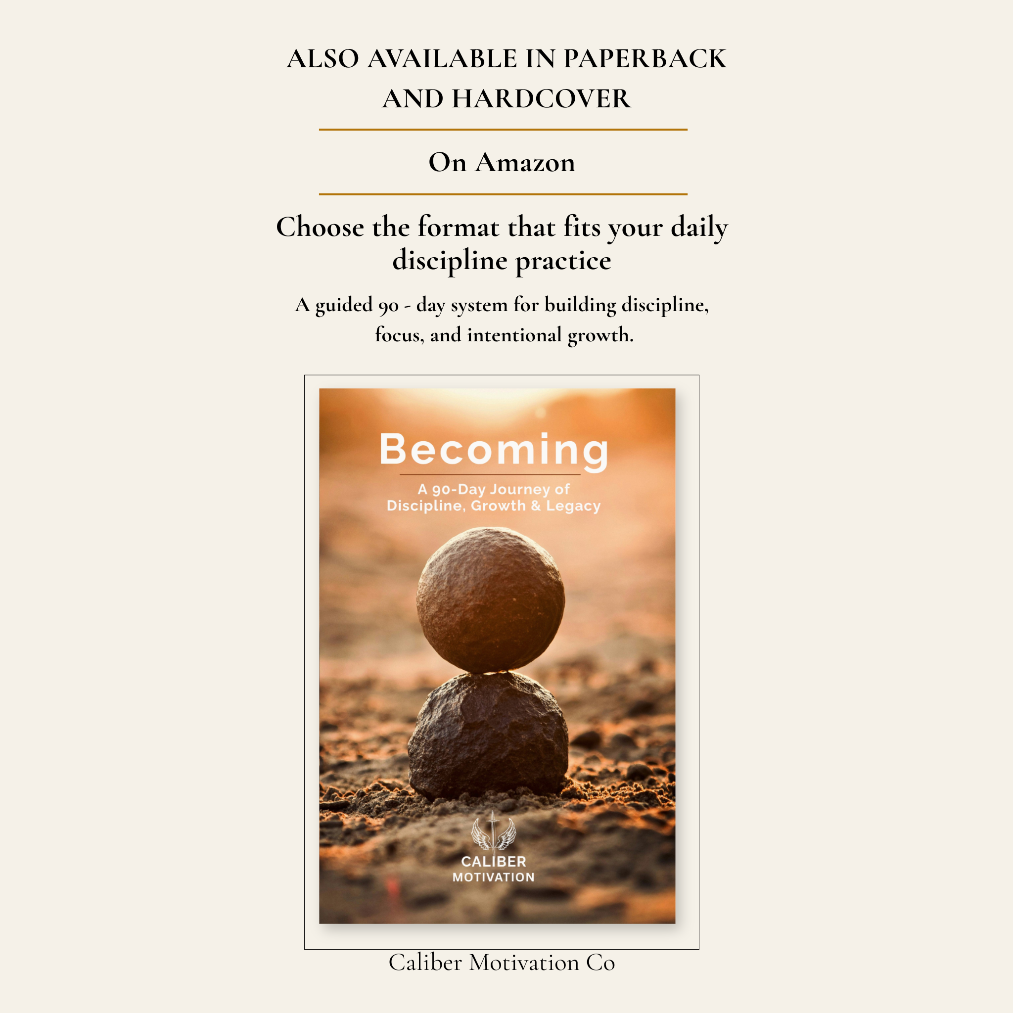 Becoming 90-day guided journal for discipline and growth available in paperback and hardcover on Amazon.