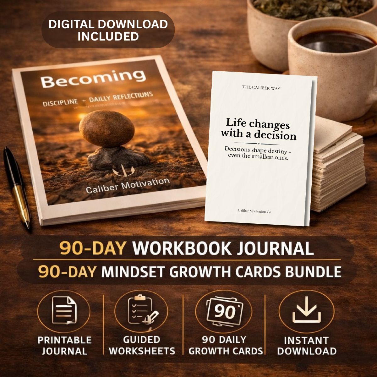 Becoming 90-Day Workbook Journal and Mindset Growth Cards Bundle – Digital and Printable