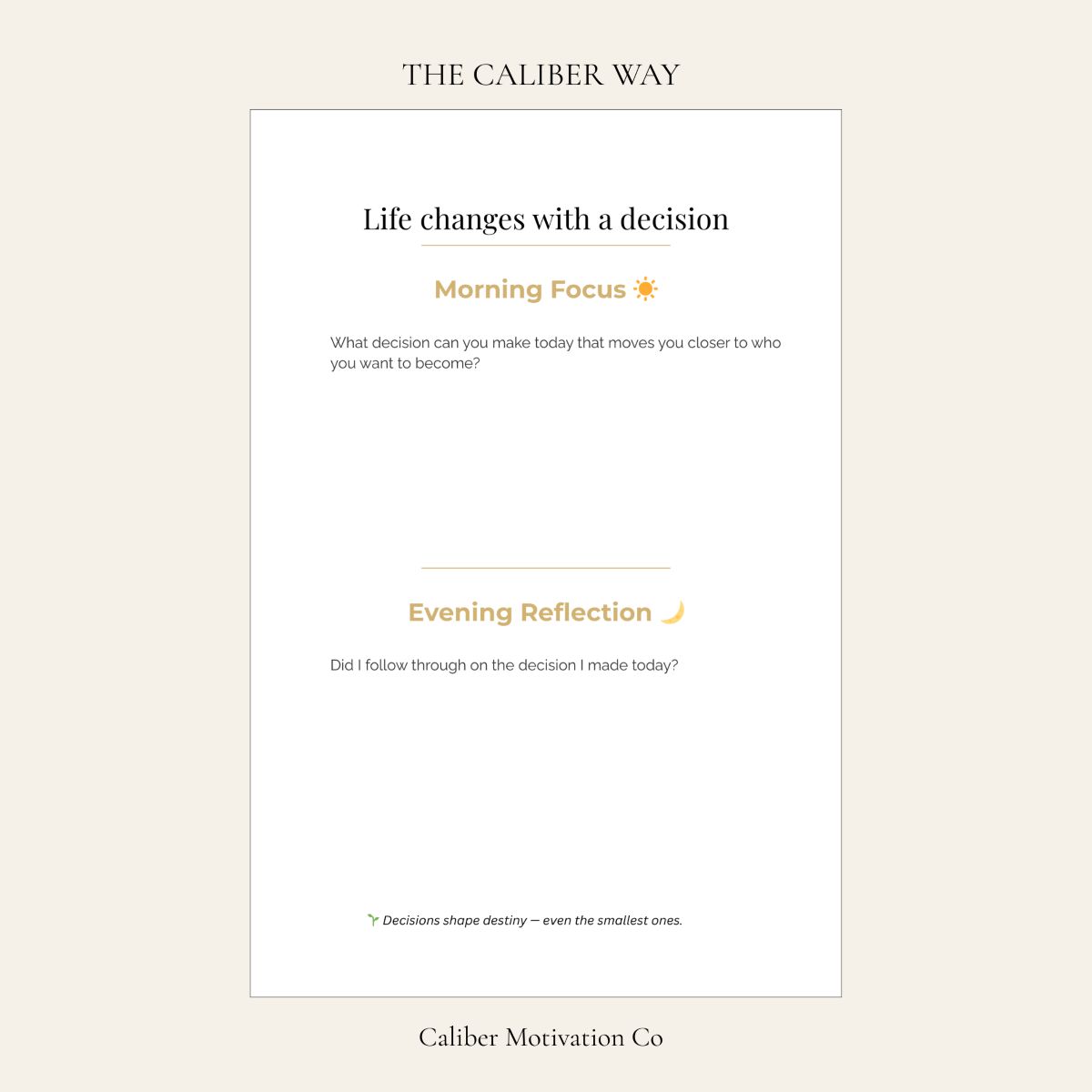 Becoming Journal daily page layout featuring Morning Focus and Evening Reflection prompts.