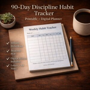 90-Day Discipline Habit Tracker by Caliber Motivation Co. - Digital and Printable formats in A4 and Letter with 3 color options.