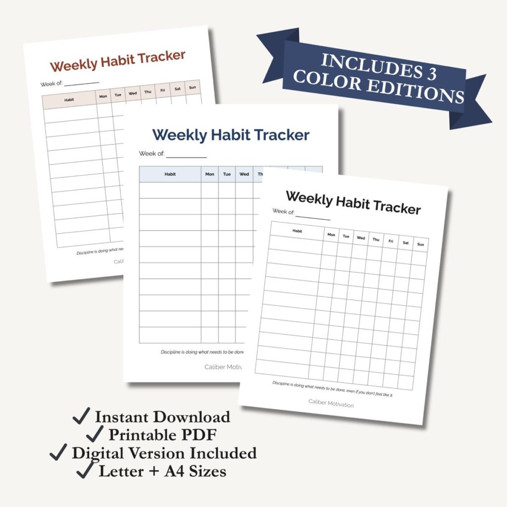 Overview of the three color options (Sienna, Blue, and Grey) for the Caliber Motivation Weekly Habit Tracker