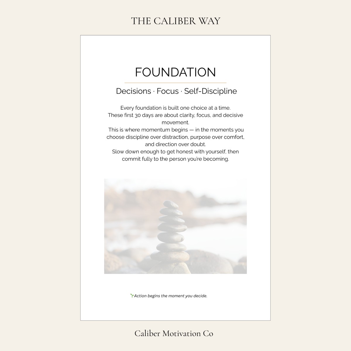 Becoming Journal Foundation section intro page focusing on Decisions, Focus, and Self-Discipline.