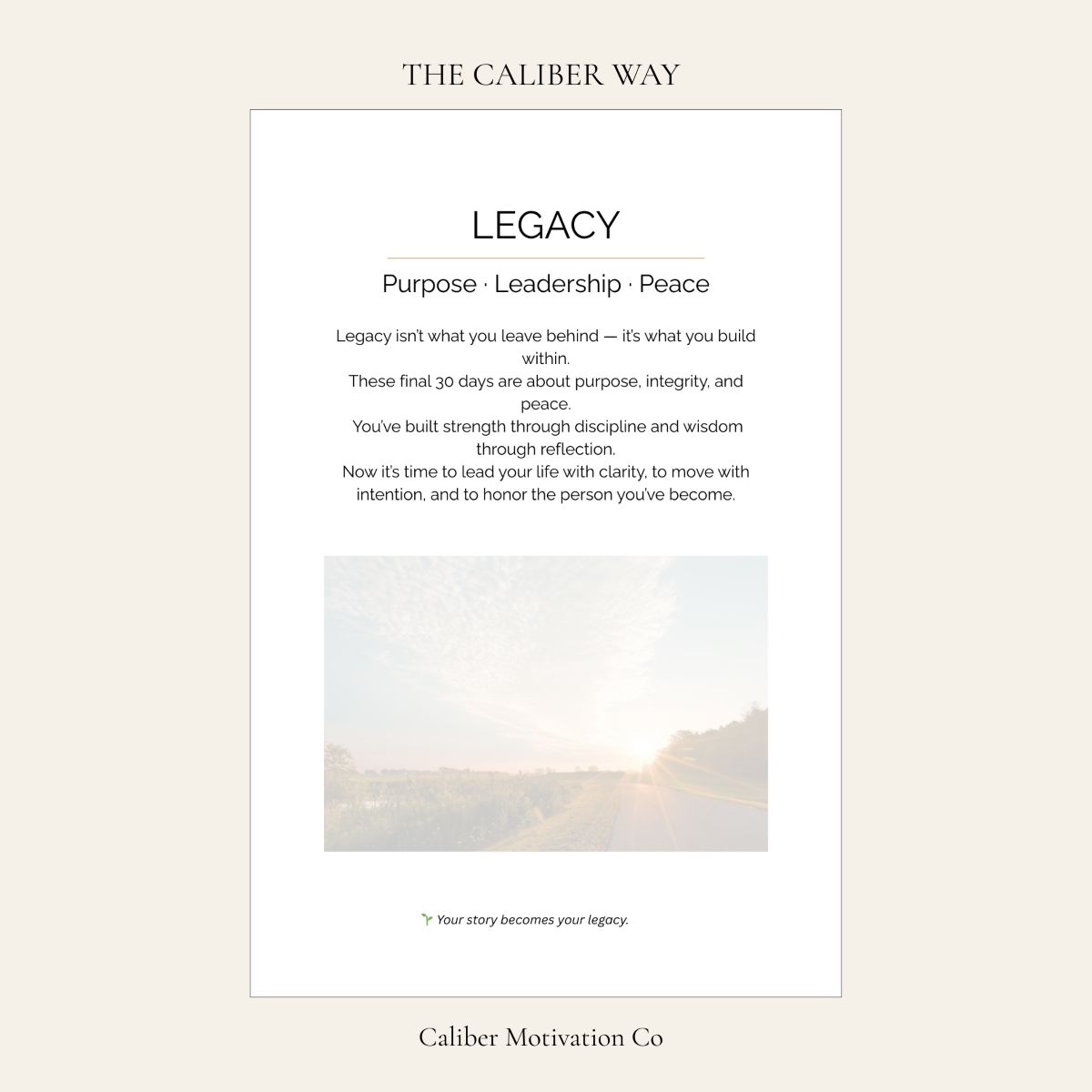 The Legacy section intro page from the Becoming 90-Day Journal focusing on Purpose, Leadership, and Peace.