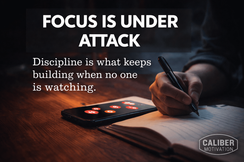 A morning routine setting with coffee and a journal, symbolizing the focus and daily discipline taught by Caliber Motivation Co.
