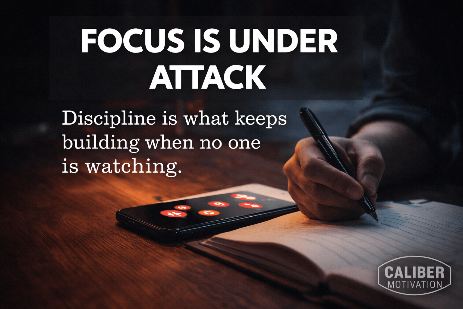 A morning routine setting with coffee and a journal, symbolizing the focus and daily discipline taught by Caliber Motivation Co.