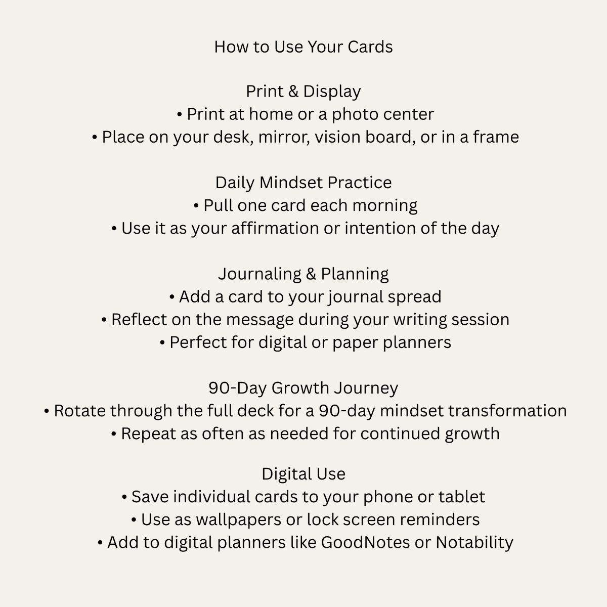 nstructions on how to use mindset growth cards for printing and digital journaling