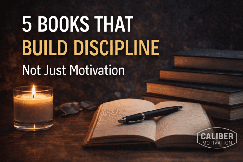 A stack of personal growth and mindset books, illustrating the educational foundation of Caliber Motivation Co.