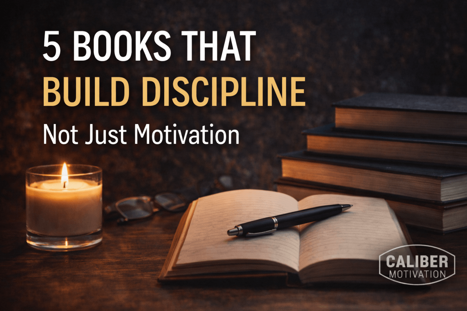 A stack of personal growth and mindset books, illustrating the educational foundation of Caliber Motivation Co.