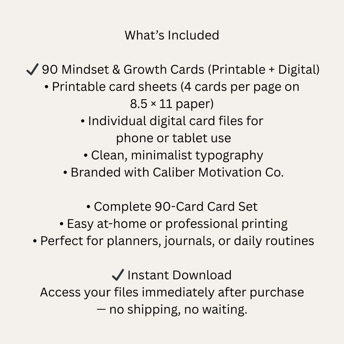 Details for the 90 Mindset and Growth Cards bundle featuring printable sheets and digital files for phone or tablet use