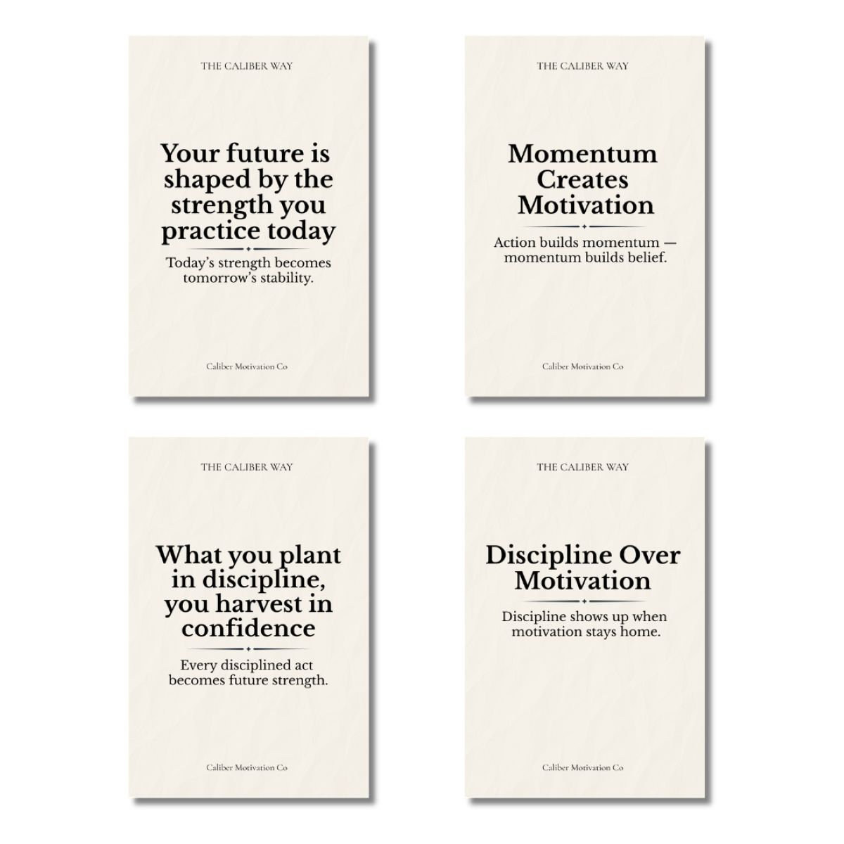 A variety of mindset growth cards featuring quotes on strength, discipline, and momentum
