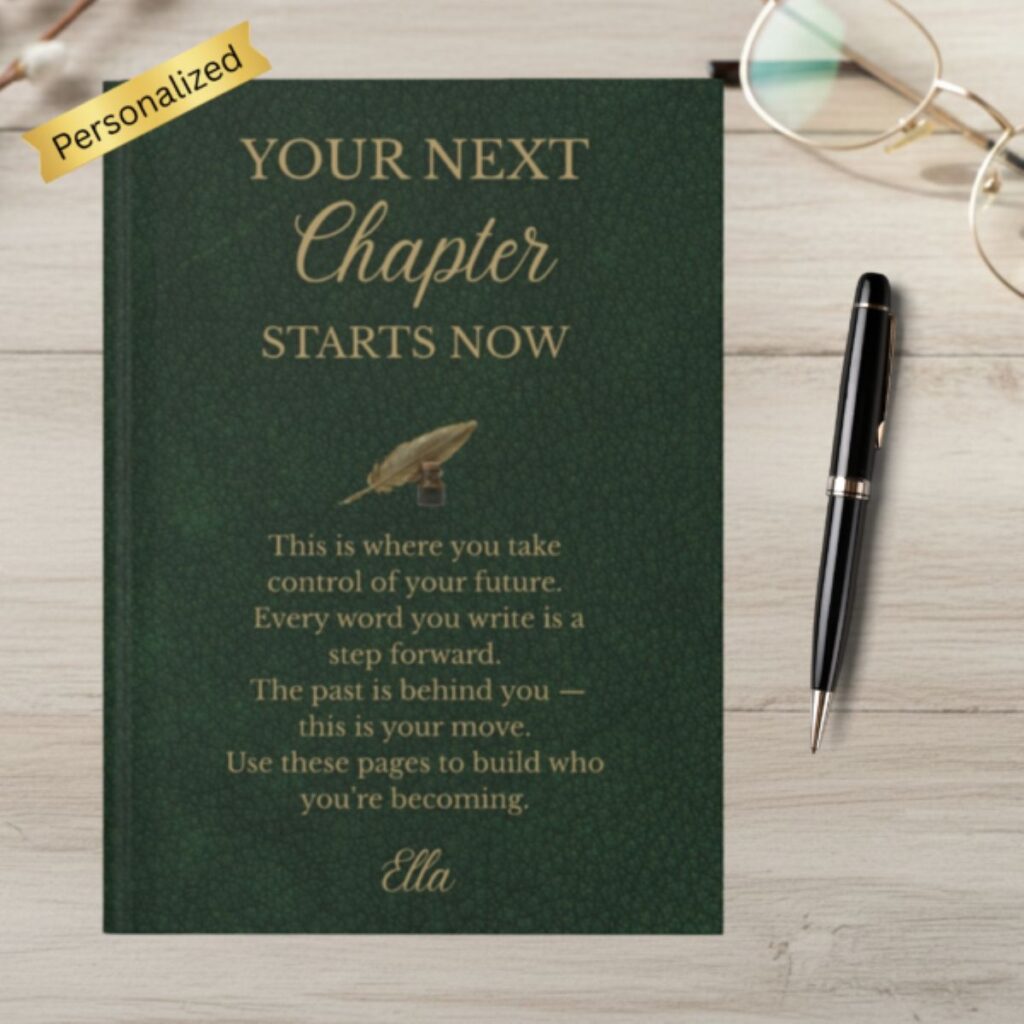 Personalized dark green "Your Next Chapter Starts Now" motivational journal with a gold pen on a light wood desk.