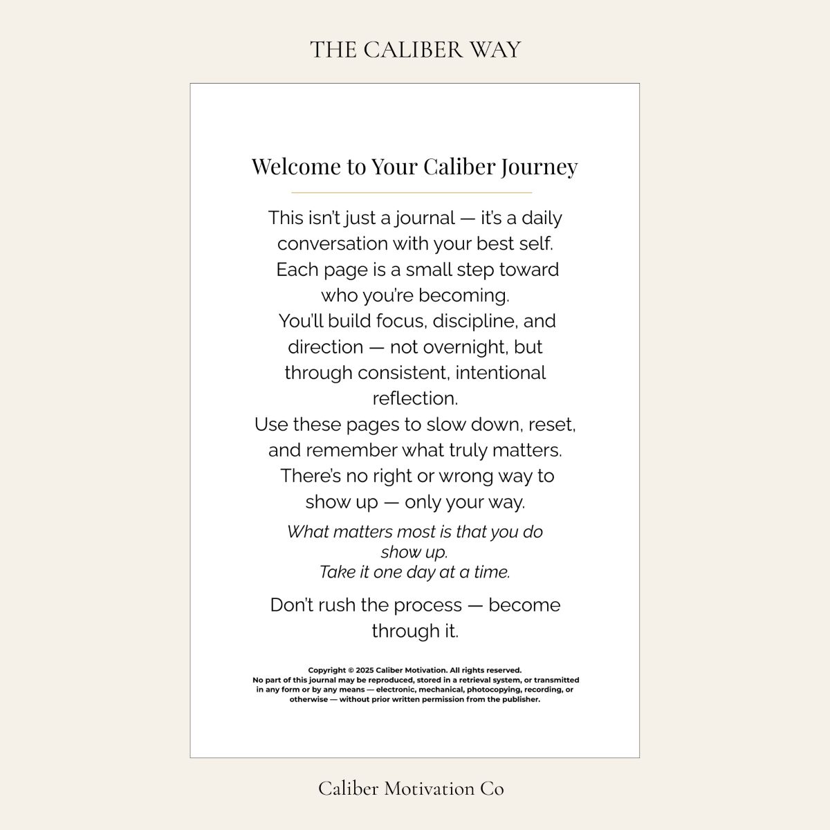 Welcome to Your Caliber Journey – An intentional reflection and daily conversation page for the 90-day journal.