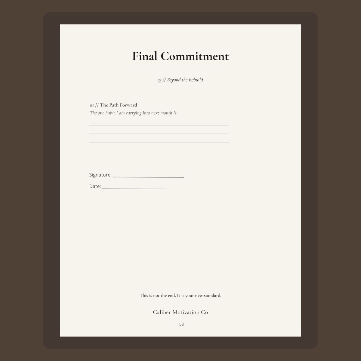 Final Commitment page from the 30-Day Discipline Reset Planner by Caliber Motivation Co.