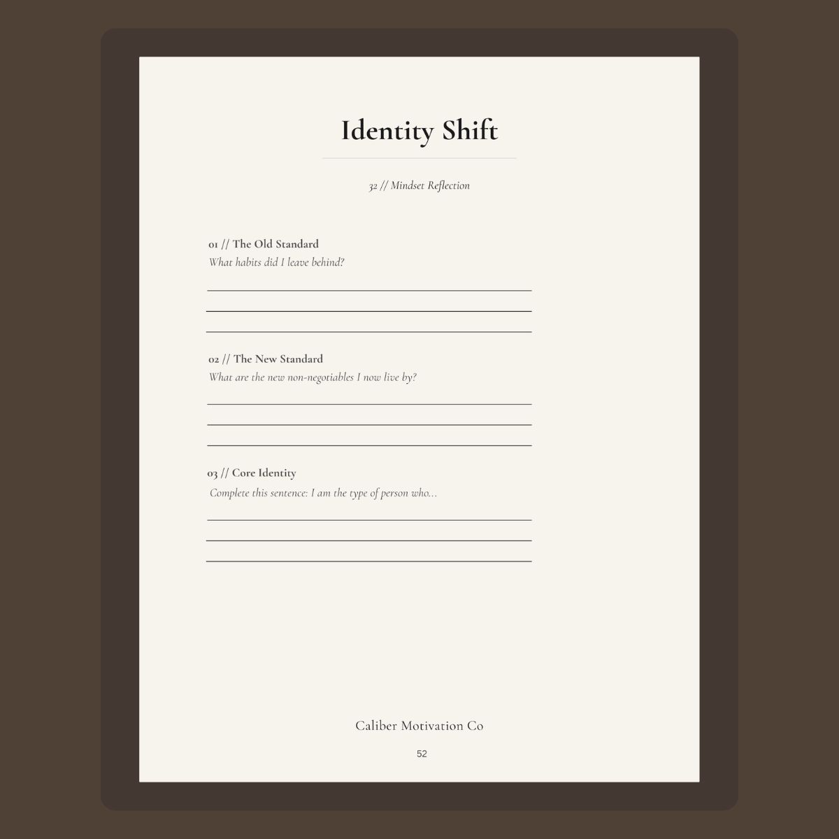 Identity Shift and Final Commitment page from the 30-Day Discipline Reset Planner by Caliber Motivation Co.
