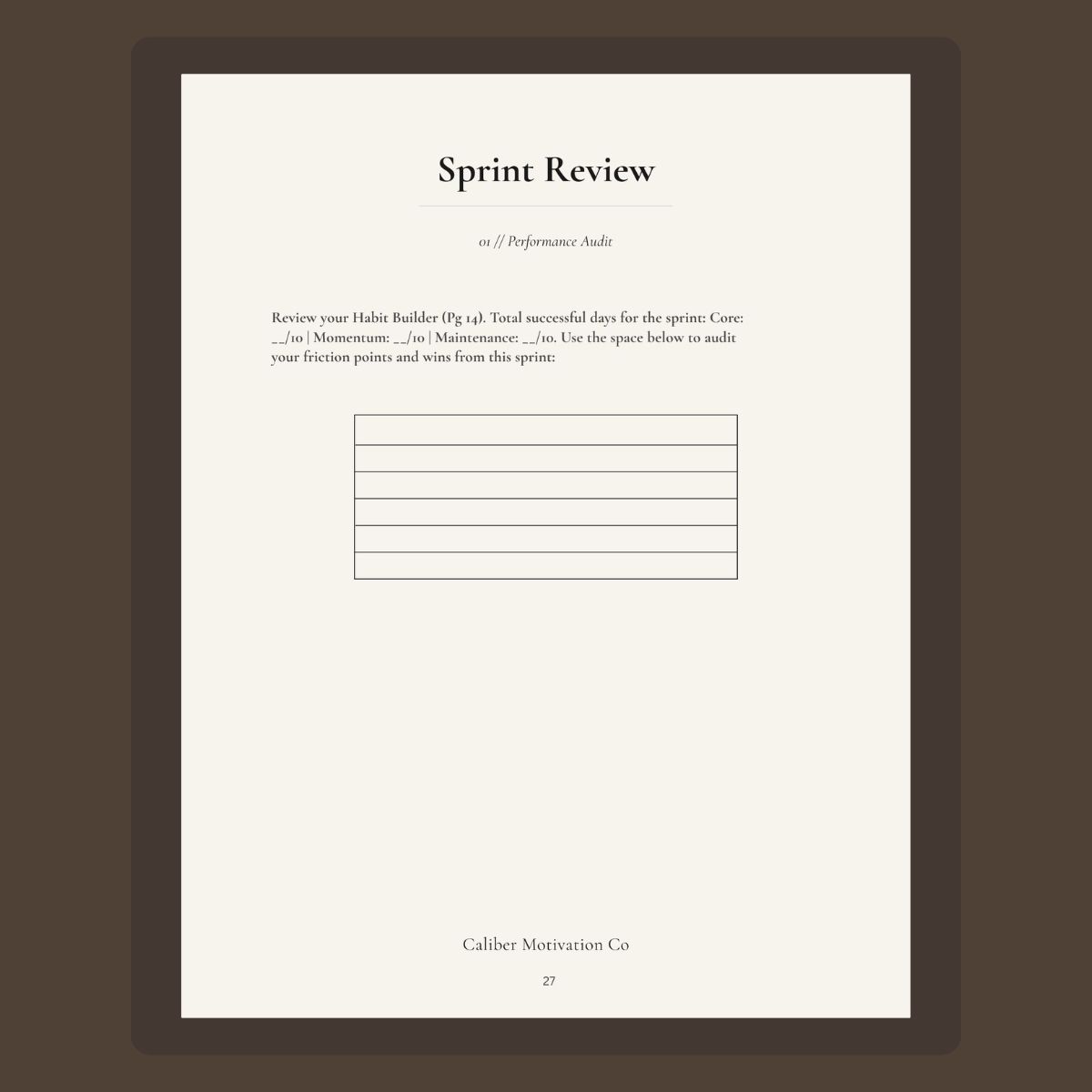 Sprint Review performance audit page from the 30-Day Discipline Reset Planner by Caliber Motivation Co.