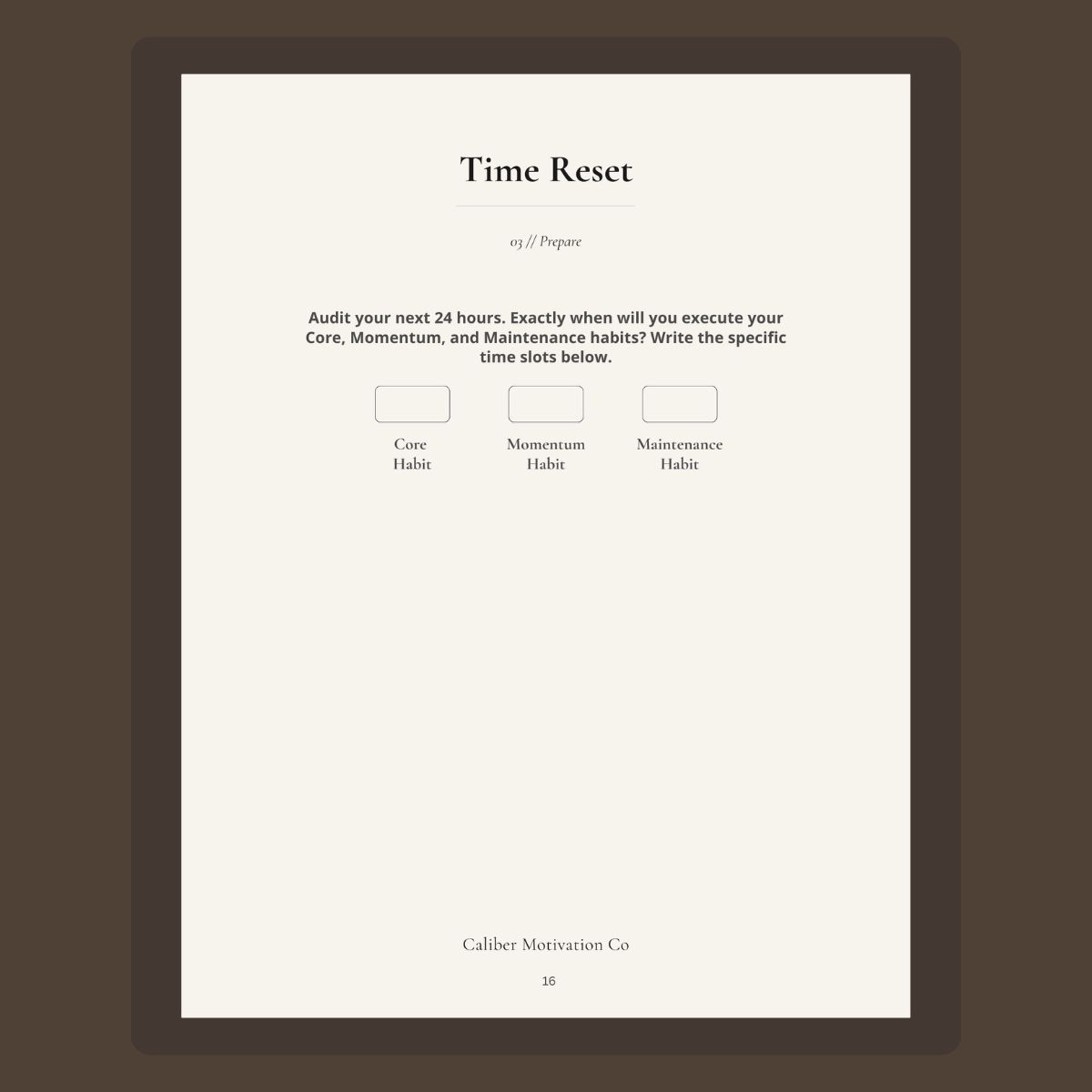 Time Reset worksheet from the 30-Day Discipline Reset Planner featuring energy leaks and non-negotiables audits.