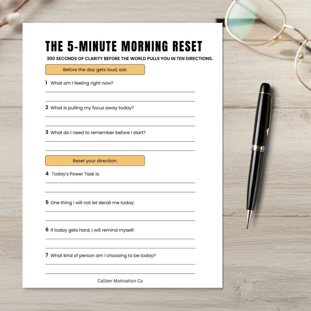 5-minute-morning-reset-daily-routine-growth Free 5-Minute Morning Reset daily routine worksheet and habit tracker by Caliber Motivation Co.