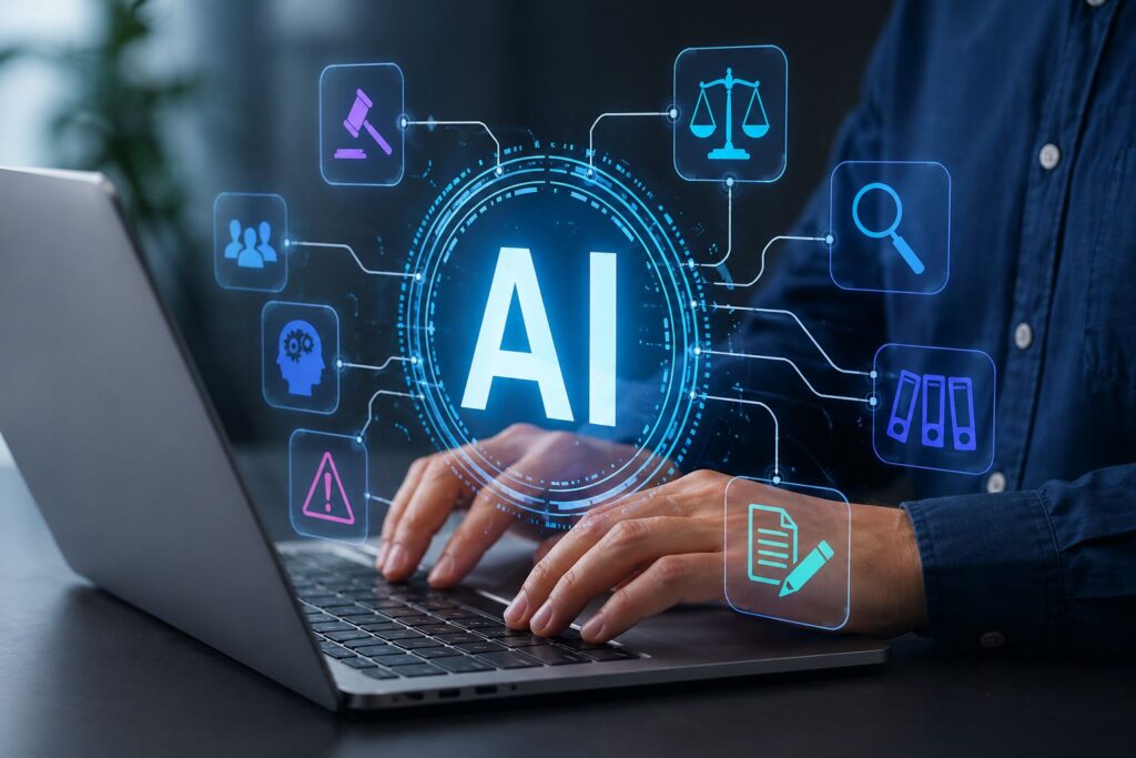 AI time management prompts on laptop with digital interface
