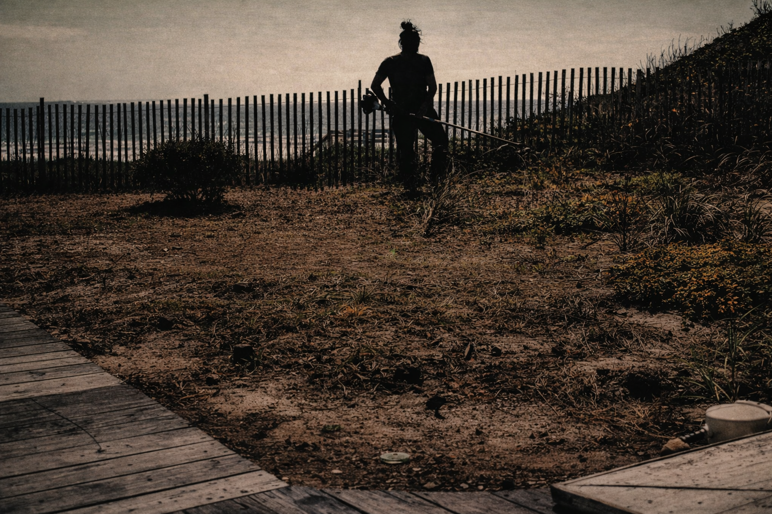 Silhouette of a worker against a coastal sky representing the discipline of a 13-day landscaping grind.