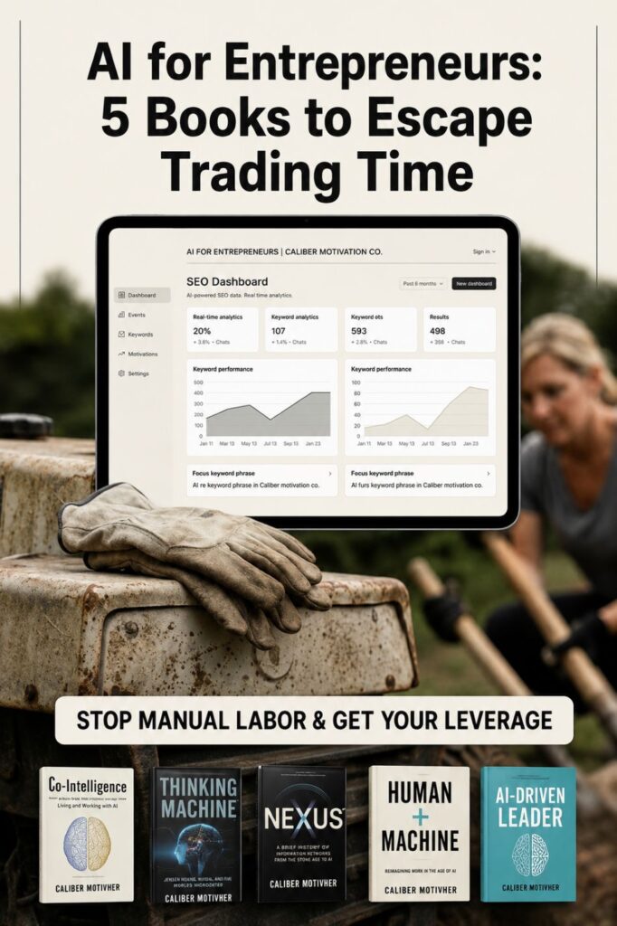 AI for entrepreneurs Pinterest pin featuring five recommended AI books about leverage, productivity, and escaping trading time for money