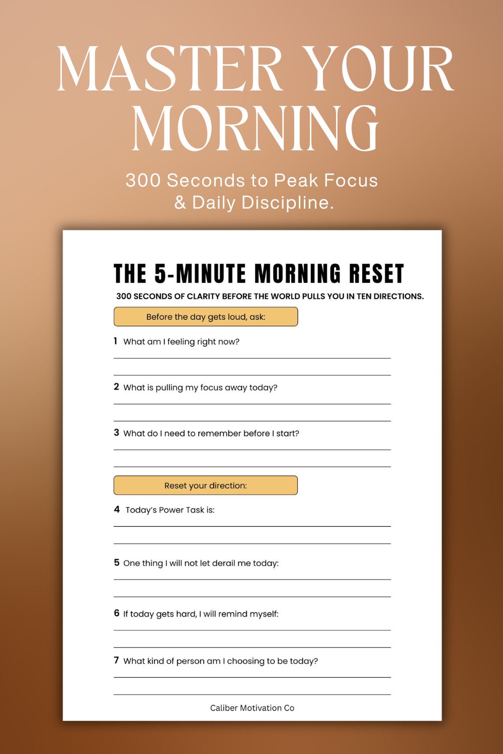 5-Minute Morning Reset printable daily discipline worksheet from Caliber Motivation Co with focus and productivity prompts for morning routines and mindset growth