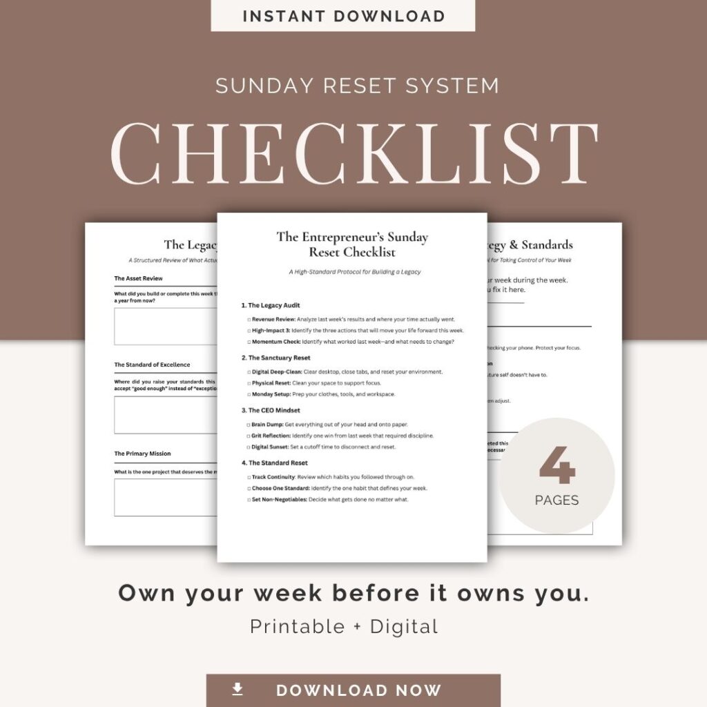 Sunday reset checklist for productivity printable and digital planner system