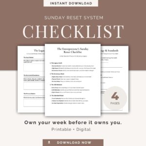 Sunday reset checklist for productivity printable and digital planner system