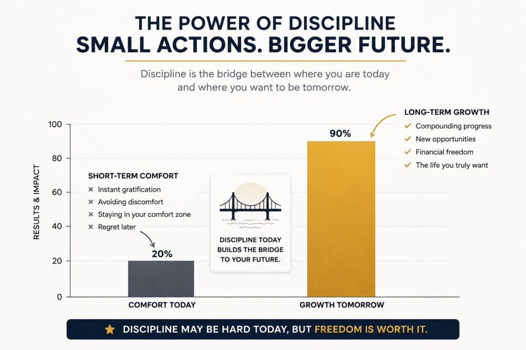 The power of self-discipline compared to short-term comfort and its impact on long-term growth and freedom.