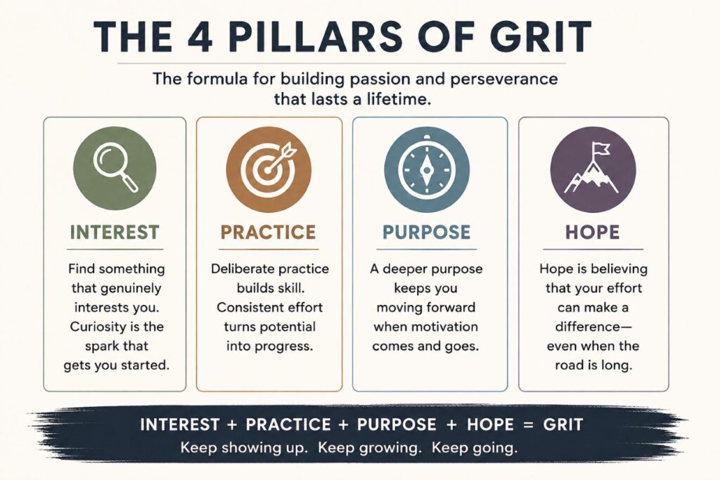 The four pillars of grit infographic explaining Interest, Practice, Purpose, and Hope for building long-term perseverance.