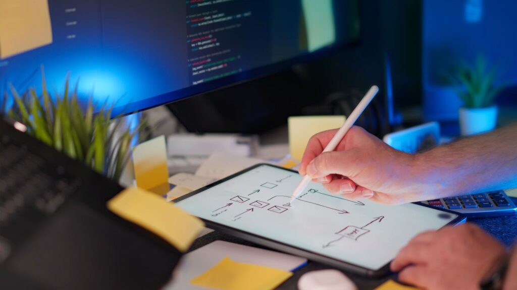 Entrepreneur using problem solving skills to analyze challenges and develop business solutions