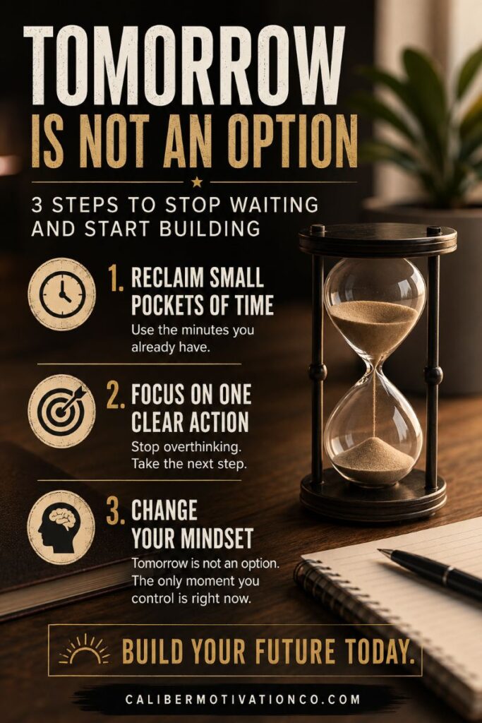 tomorrow-is-not-an-option-3-steps-to-build-your-future-embed Tomorrow Is Not an Option infographic showing three steps to build your future through time management, focused action, and self-discipline