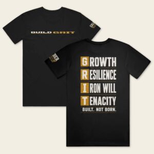 BUILD GRIT Premium T-Shirt in Graphite Black featuring distressed front and back graphics with a Caliber Motivation Co. sleeve patch.