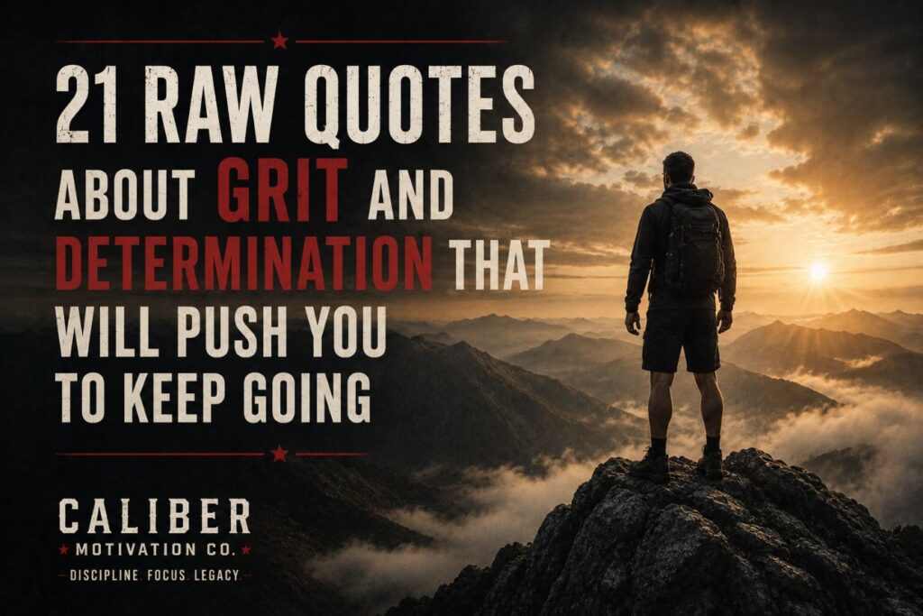 Featured image for 21 powerful grit and determination quotes showing a person standing on a mountain at sunrise by Caliber Motivation Co.