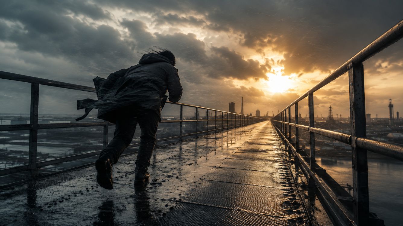 Person moving forward through wind and rain to prove your mettle under pressure