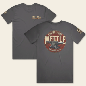 Front and back view of the Prove Your Mettle graphic T-shirt in Heavy Metal with chest logo and vintage anvil back graphic.