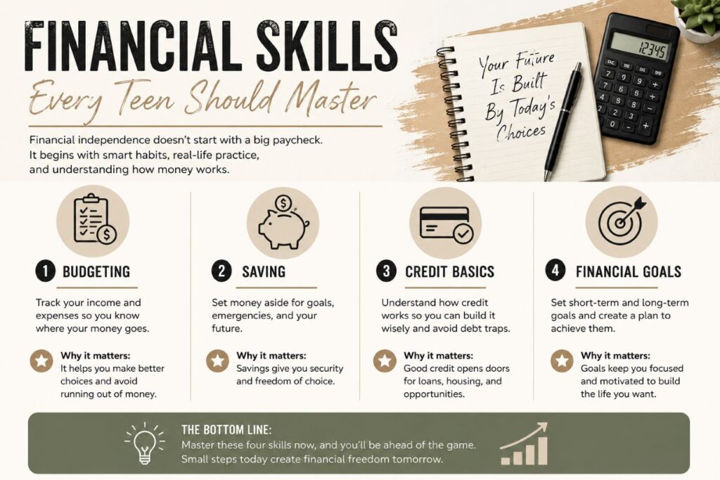 Infographic showing four essential financial skills every teen should master: budgeting, saving, credit basics, and financial goals.