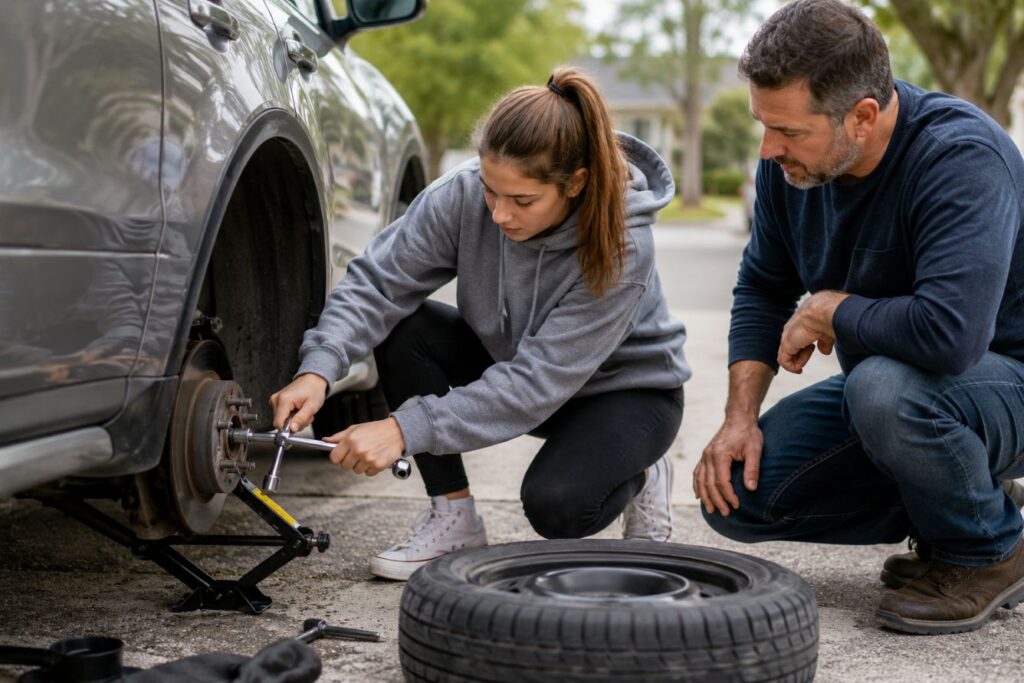 Teen learning how to change a flat tire with an adult, building practical life skills for teens before adulthood.