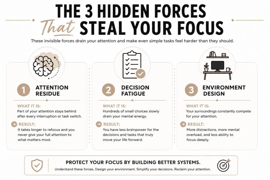 Infographic explaining the three hidden forces that steal your focus: attention residue, decision fatigue, and environment design, with practical ways to protect your attention.