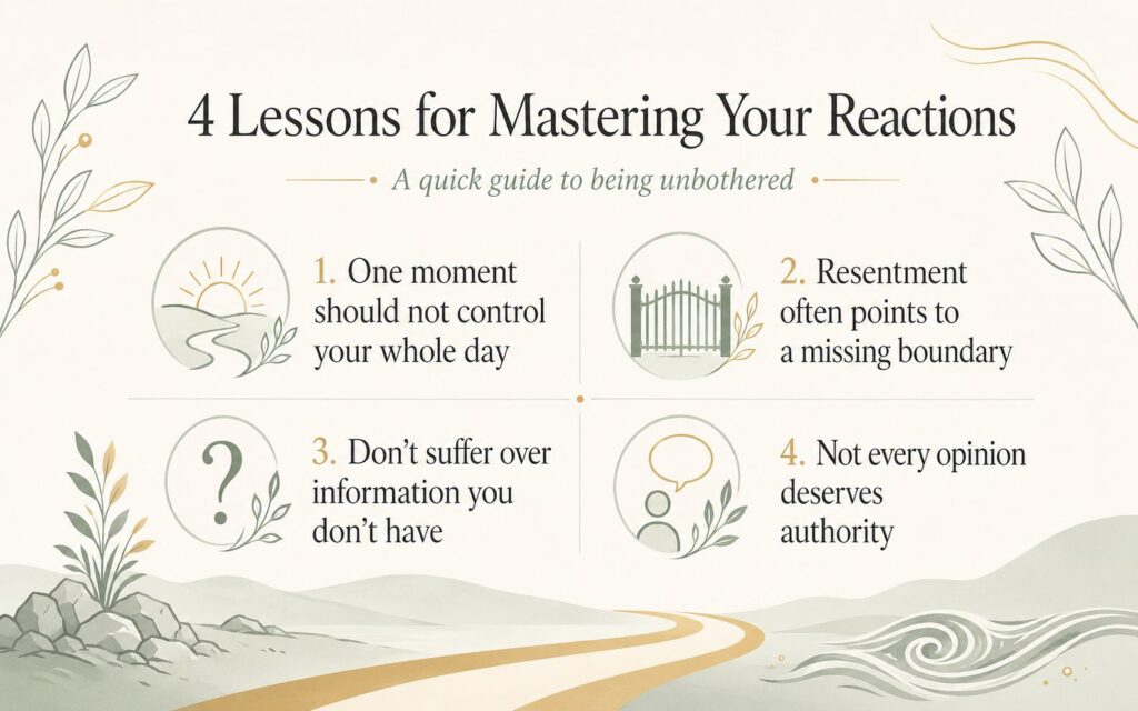Sage green and gold infographic showing four lessons for mastering your reactions: one moment should not control your whole day, resentment often points to a missing boundary, do not suffer over information you do not have, and not every opinion deserves authority.