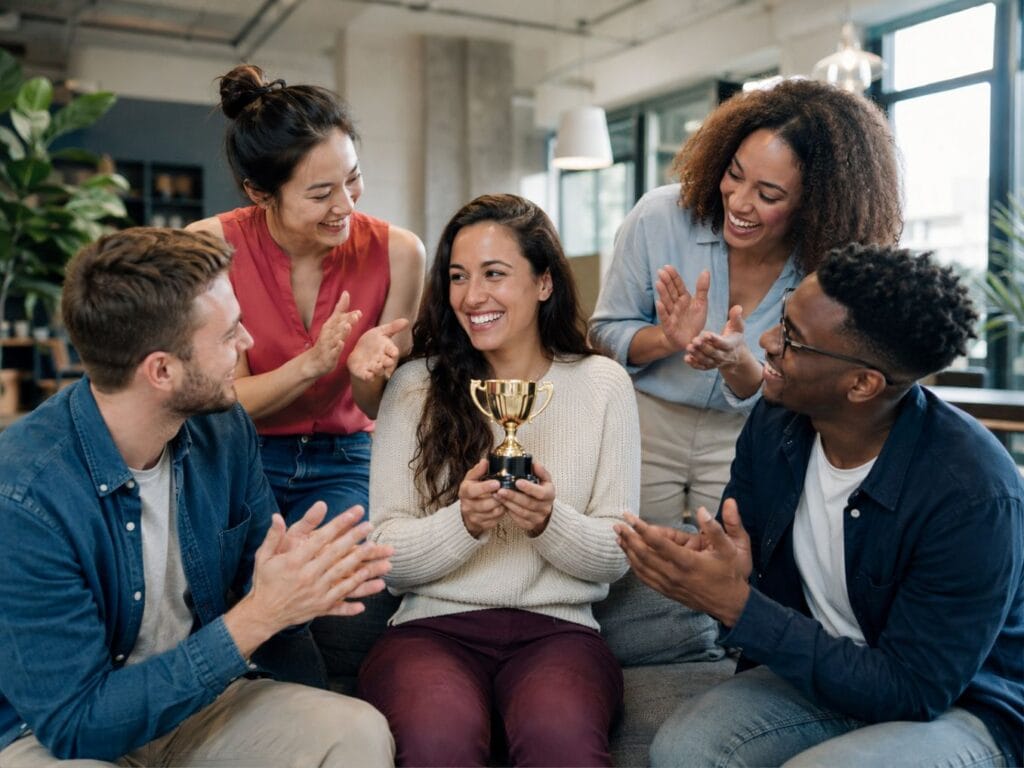 Choose better friends who celebrate your wins, shown by a woman holding a trophy while supportive friends applaud her achievement.