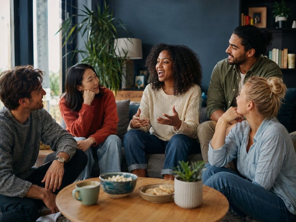Choose better friends who accept you as yourself, shown by a woman speaking openly while supportive friends listen and include her.