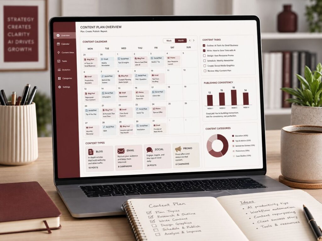 Claude for entrepreneurs content calendar showing blog, email, social media, and promotional planning