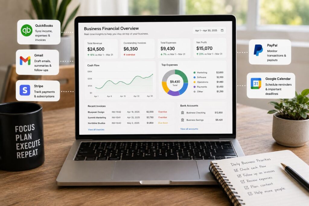 Claude for entrepreneurs financial overview showing cash flow, expenses, invoices, and connected business tools