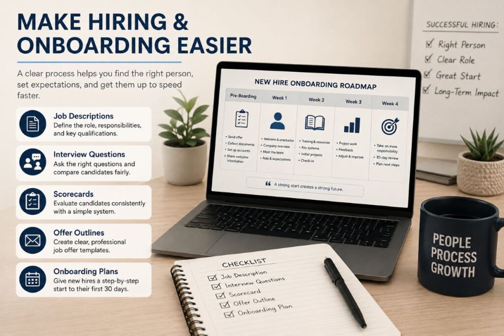 Claude for entrepreneurs hiring and onboarding workflow with job descriptions, interview questions, and 30-day plans