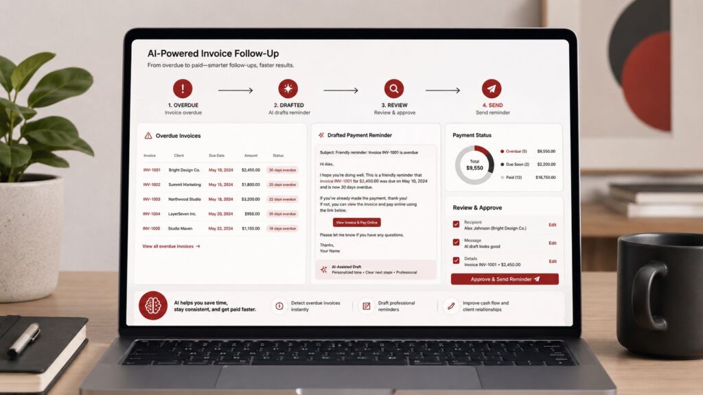 AI-powered invoice follow-up workflow showing overdue invoices, drafted reminders, review, and approval steps