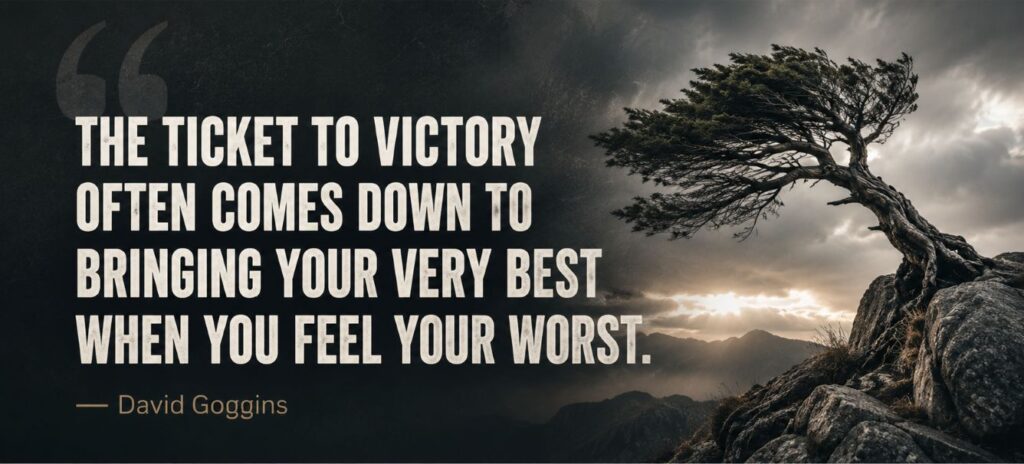 Resilience quote infographic featuring a windswept tree and a David Goggins quote about bringing your best when you feel your worst