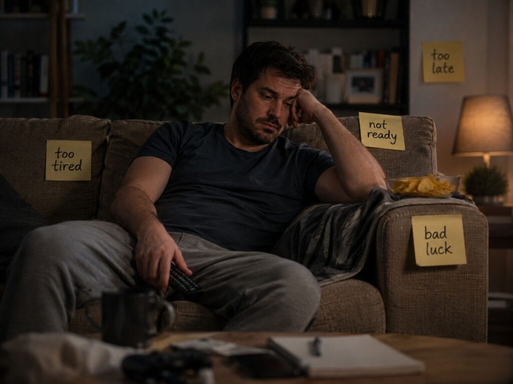 Excuses become identity concept image showing a discouraged person on a couch surrounded by labels like too tired, not ready, too late, and bad luck