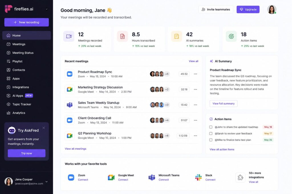 Fireflies.ai dashboard showing AI-powered meeting transcription, summaries, action items, and workflow automation for entrepreneurs